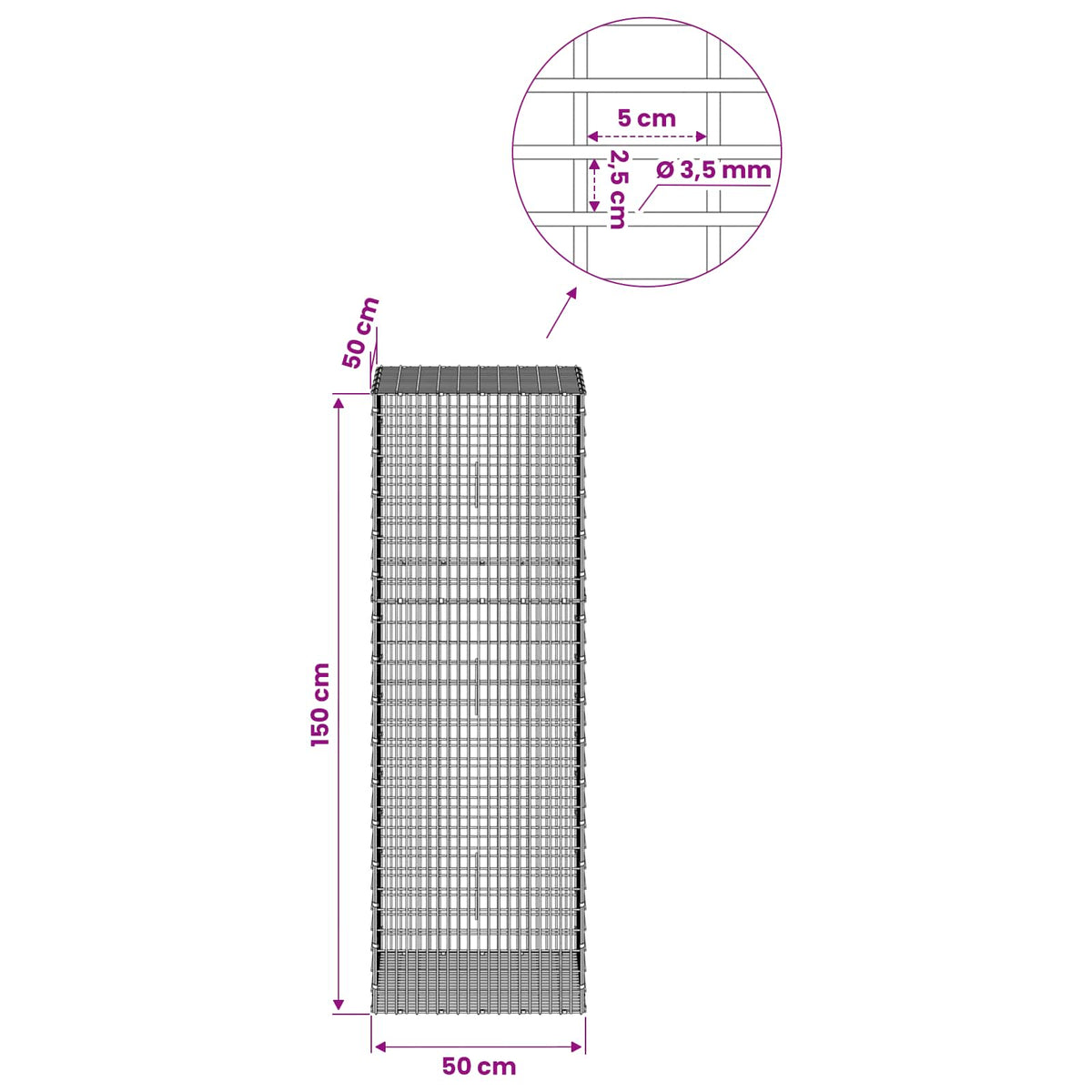 Gabion with 3.5 mm Wire and 5x2.5 cm Mesh 50x50x150 cm