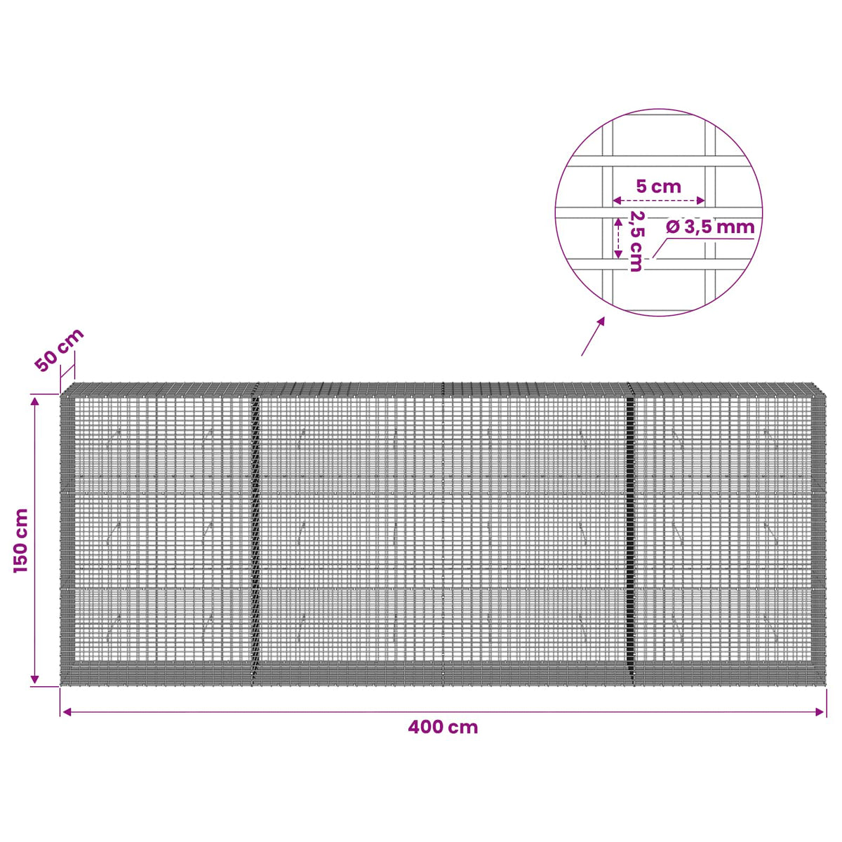Gabion with 3.5 mm Wire and 5x2.5 cm Mesh 400x50x150 cm