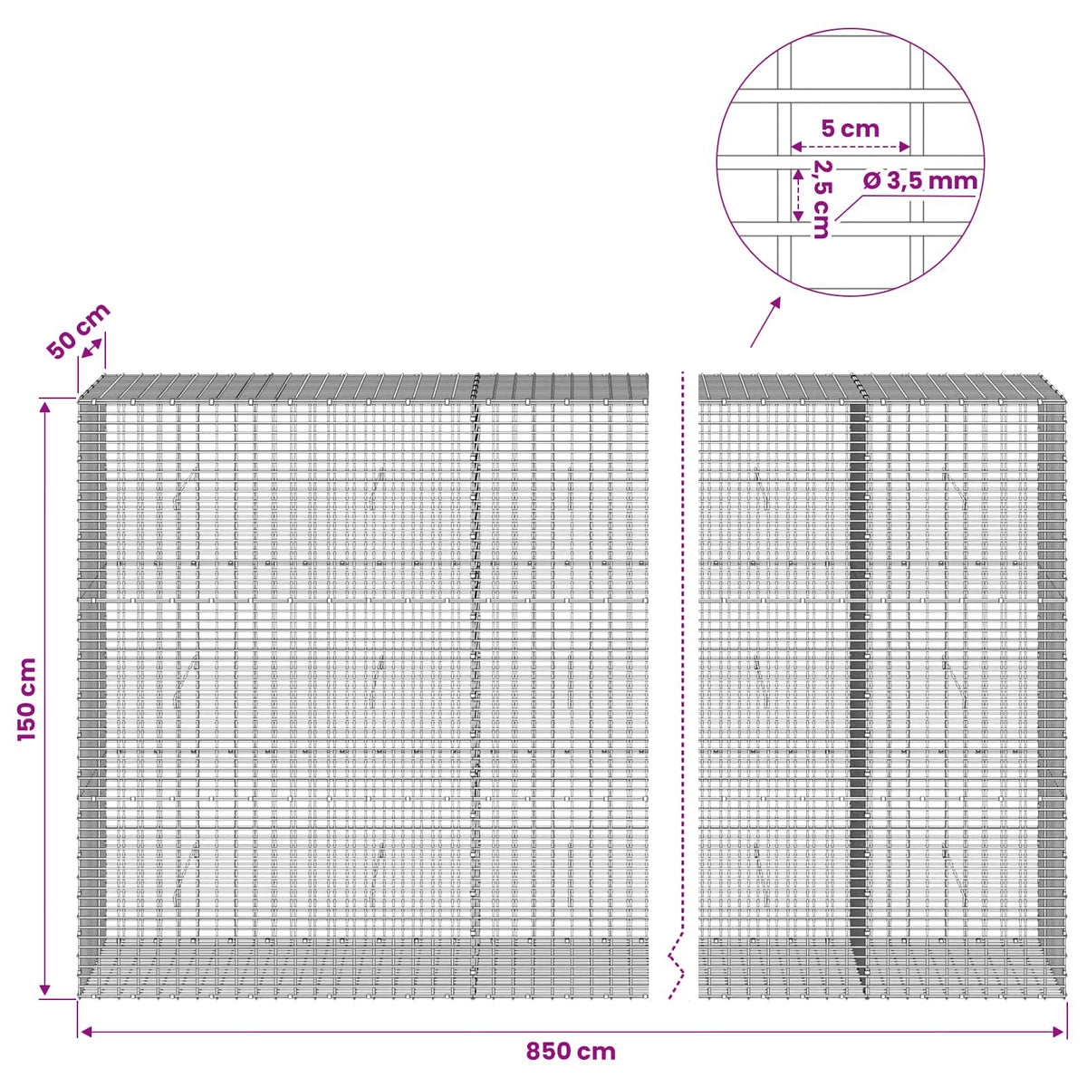 Gabion with 3.5 mm Wire and 5x2.5 cm Mesh 850x50x150 cm