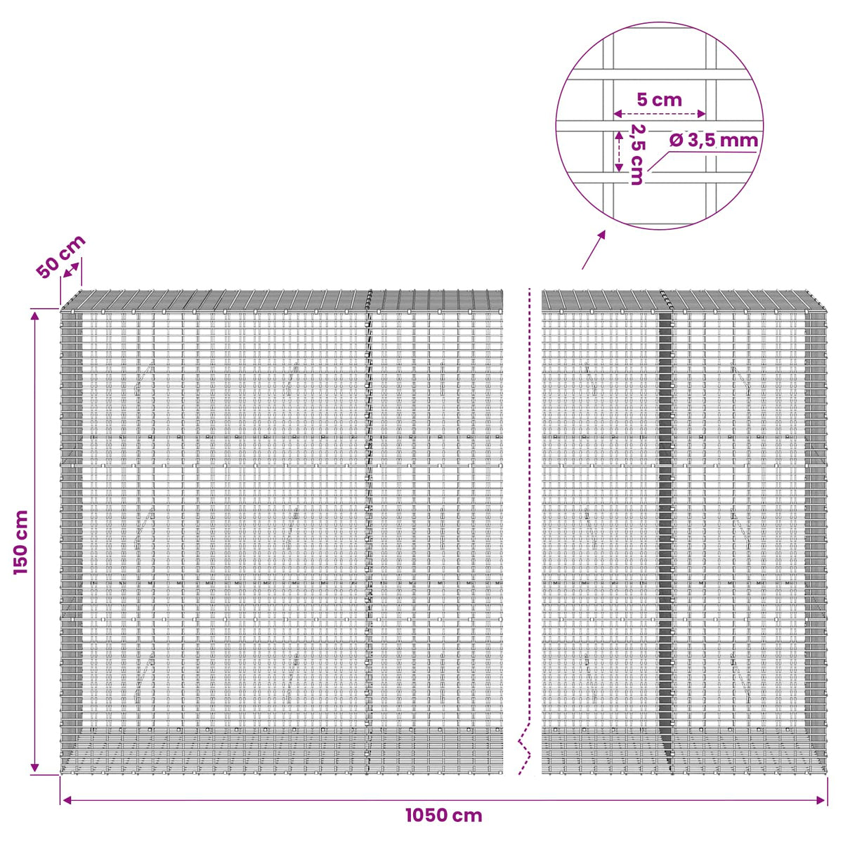 Gabion with 3.5 mm Wire and 5x2.5 cm Mesh 1050x50x150 cm
