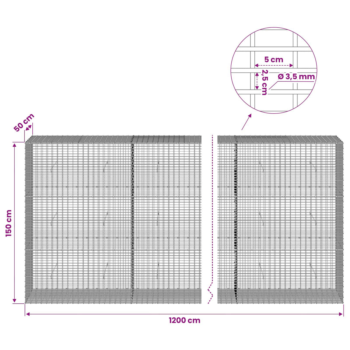Gabion with 3.5 mm Wire and 5x2.5 cm Mesh 1200x50x150 cm