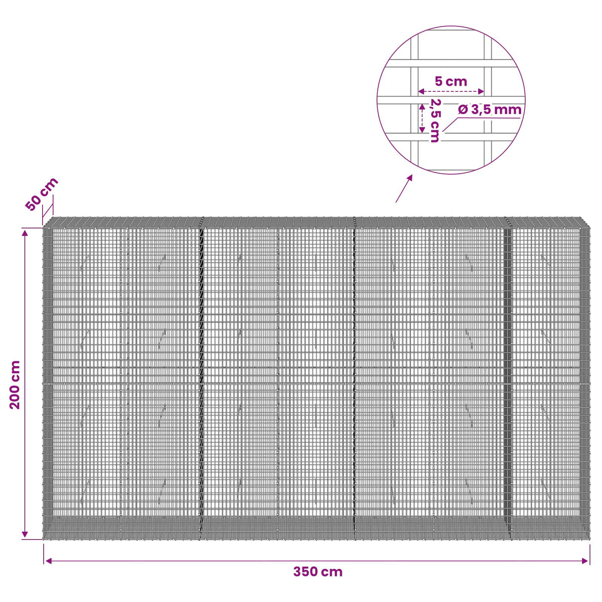 Gabion with 3.5 mm Wire and 5x2.5 cm Mesh 350x50x200 cm