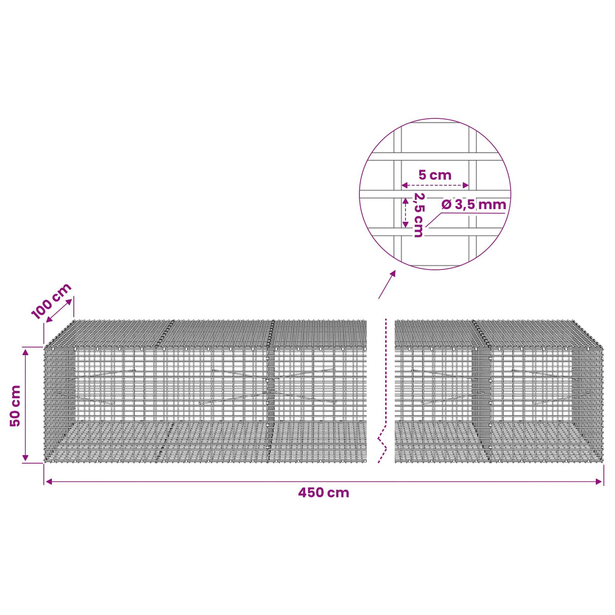 Gabion with 3.5 mm Wire and 5x2.5 cm Mesh 450x100x50 cm