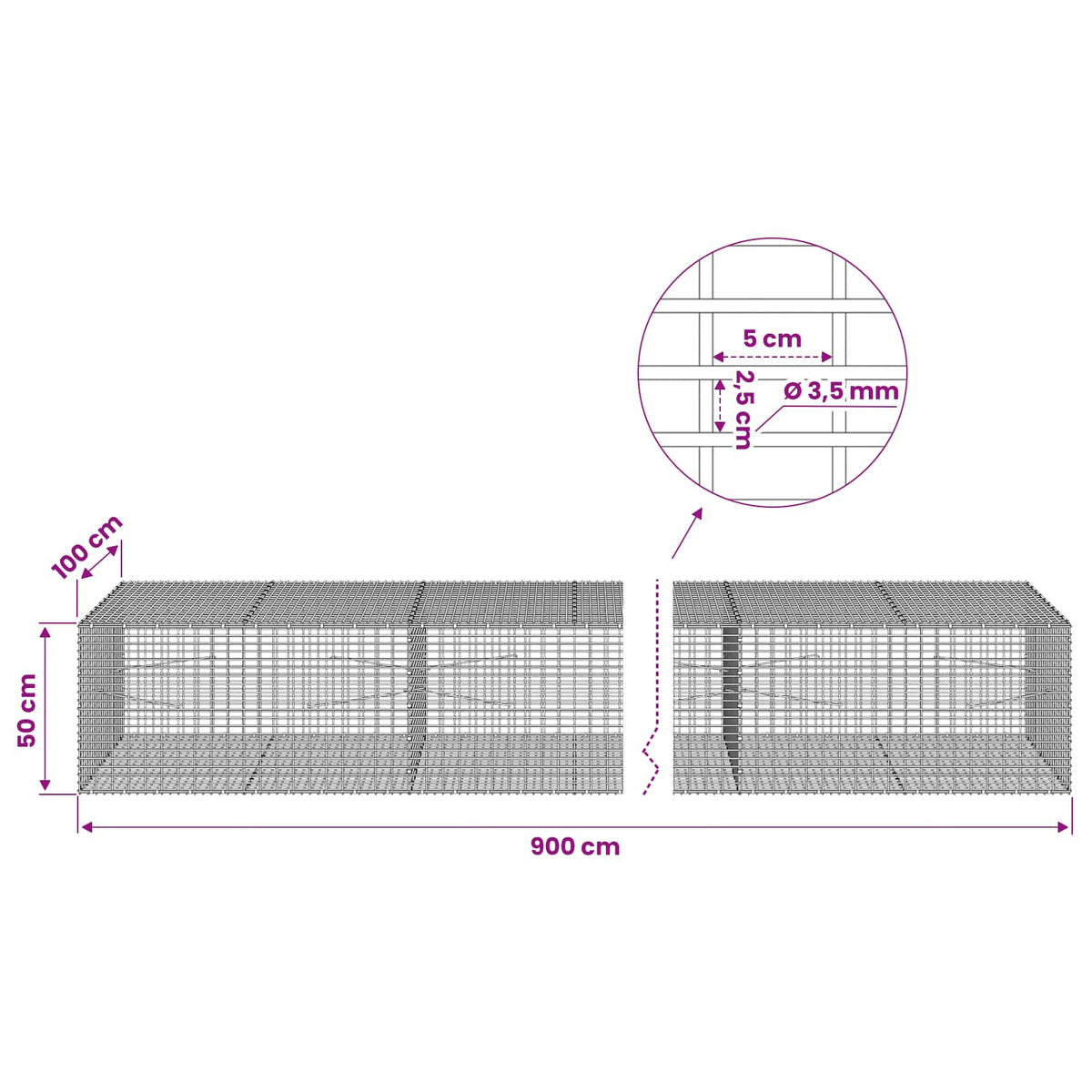 Gabion with 3.5 mm Wire and 5x2.5 cm Mesh 900x100x50 cm
