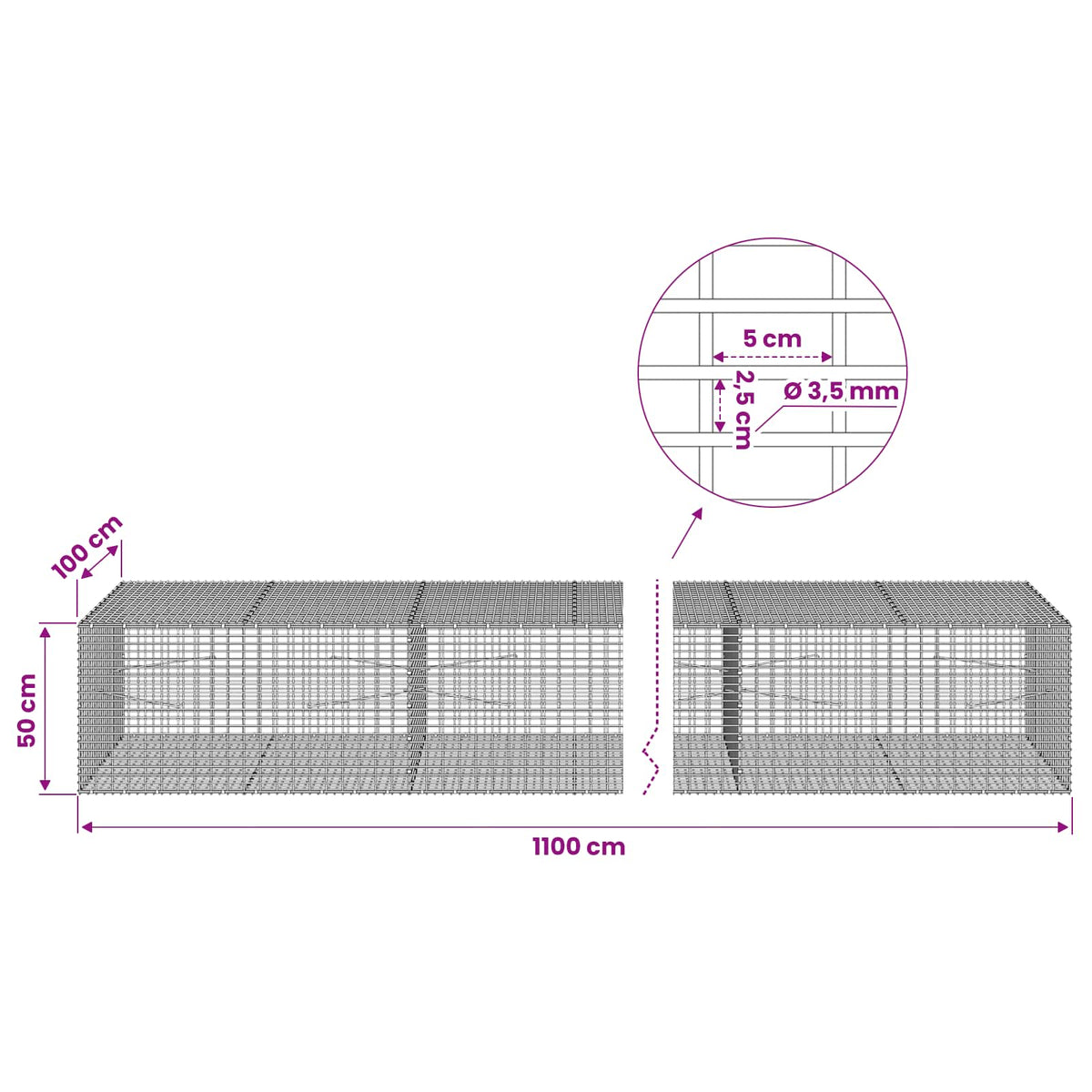 Gabion with 3.5 mm Wire and 5x2.5 cm Mesh 1100x100x50 cm
