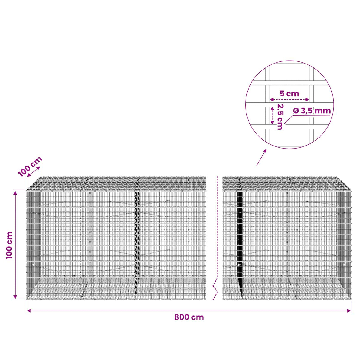Gabion with 3.5 mm Wire and 5x2.5 cm Mesh 800x100x100 cm