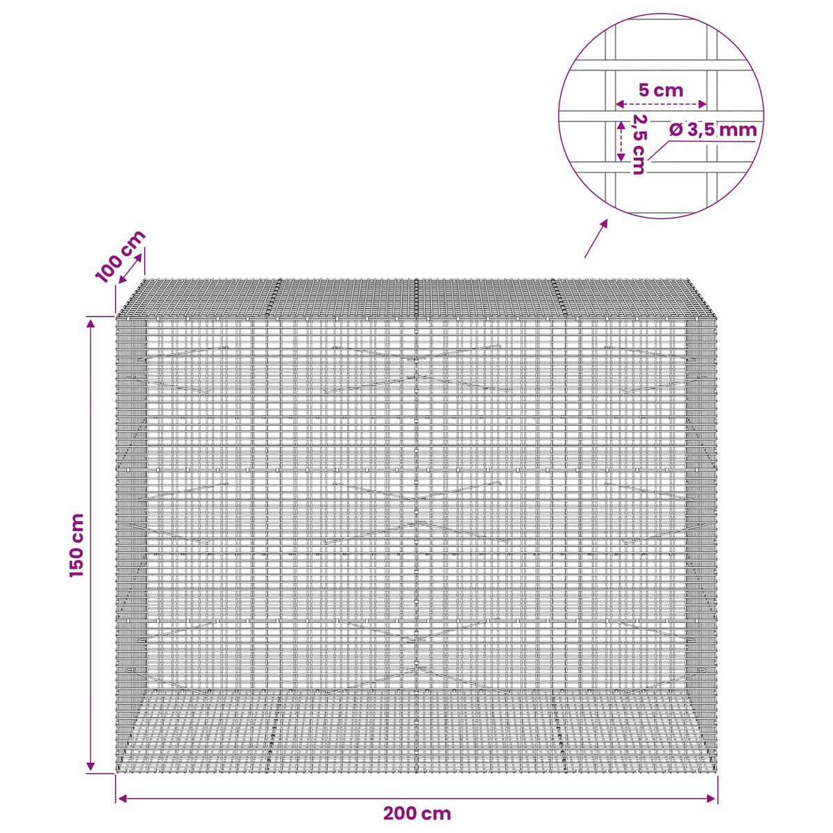 Gabion with 3.5 mm Wire and 5x2.5 cm Mesh 200x100x150 cm