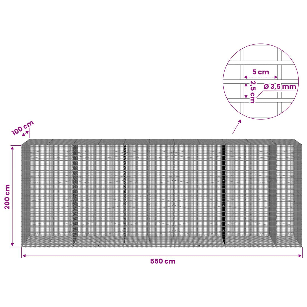 Gabion with 3.5 mm Wire and 5x2.5 cm Mesh 550x100x200 cm
