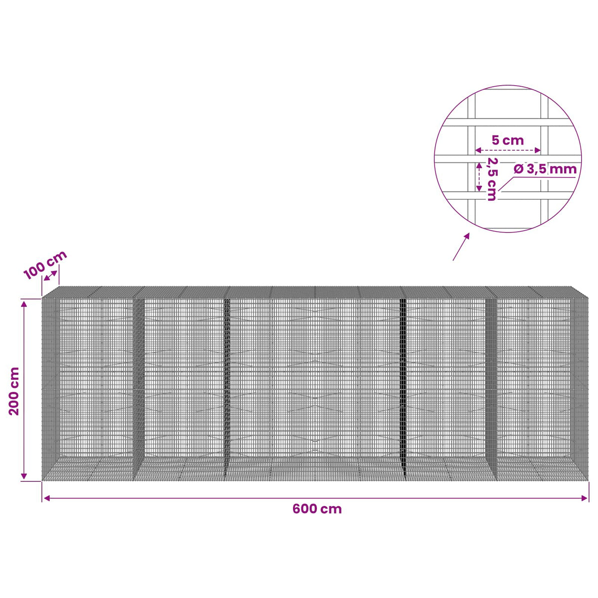 Gabion with 3.5 mm Wire and 5x2.5 cm Mesh 600x100x200 cm