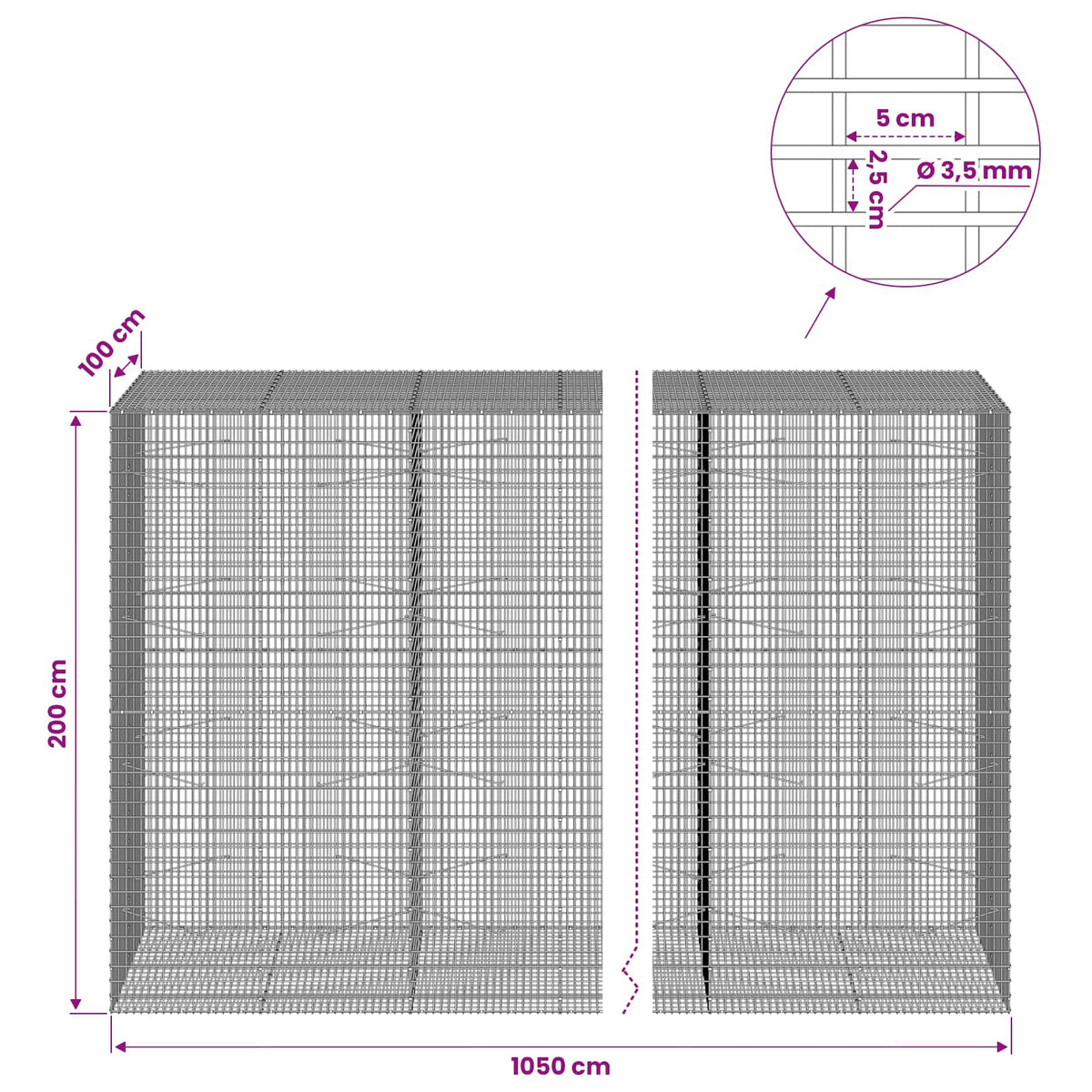 Gabion with 3.5 mm Wire and 5x2.5 cm Mesh 1050x100x200 cm