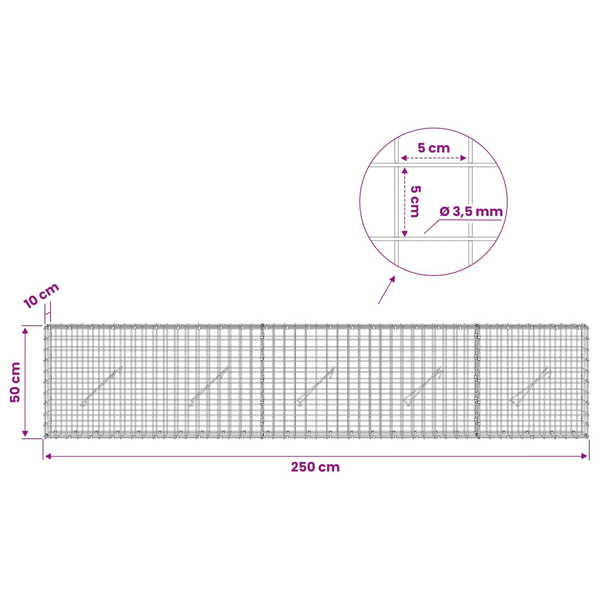 Gabion with 3.5 mm Wire and 5x5 cm Mesh 250x10x50 cm