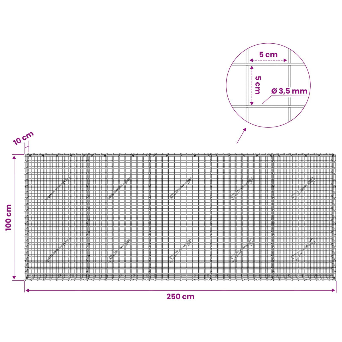 Gabion with 3.5 mm Wire and 5x5 cm Mesh 250x10x100 cm