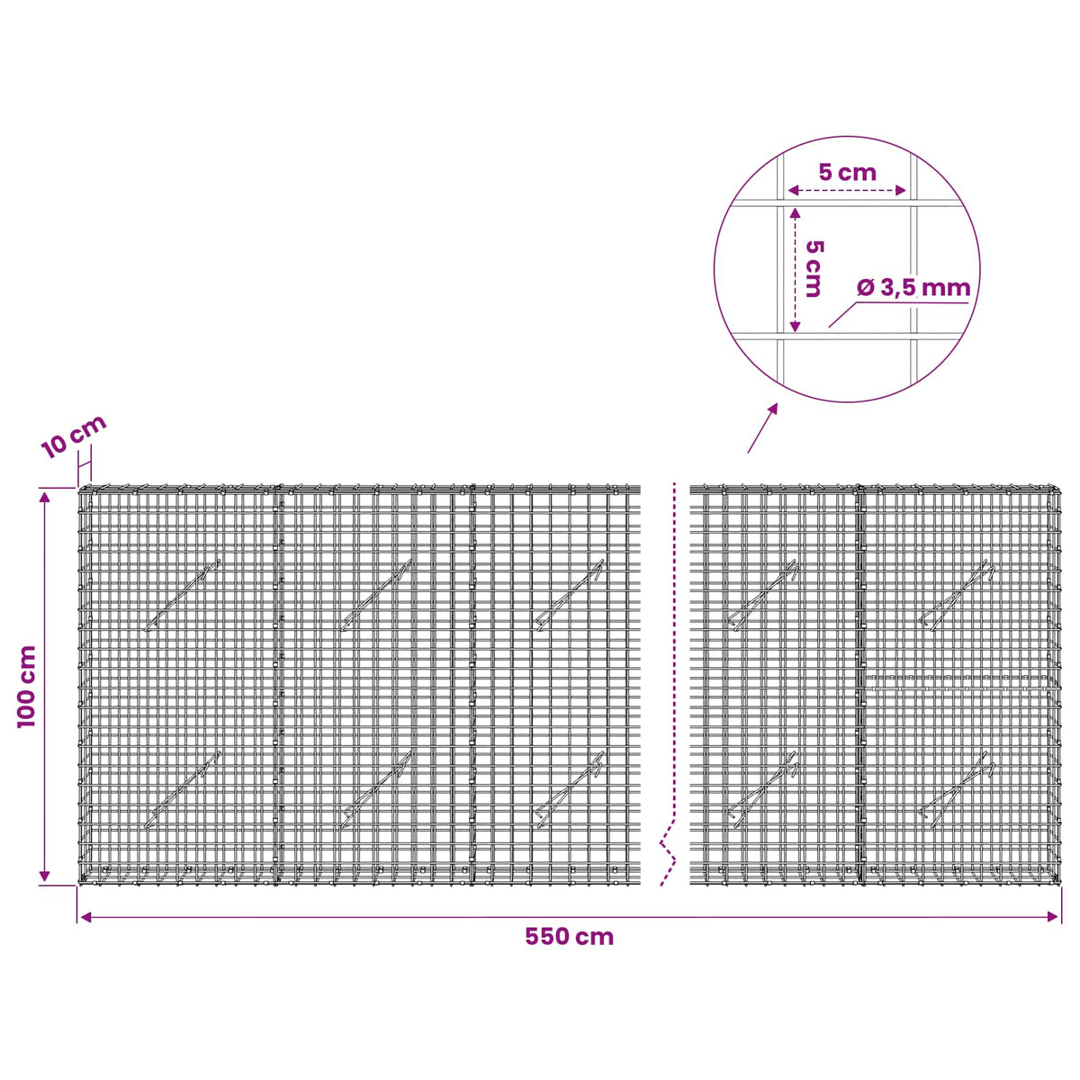 Gabion with 3.5 mm Wire and 5x5 cm Mesh 550x10x100 cm