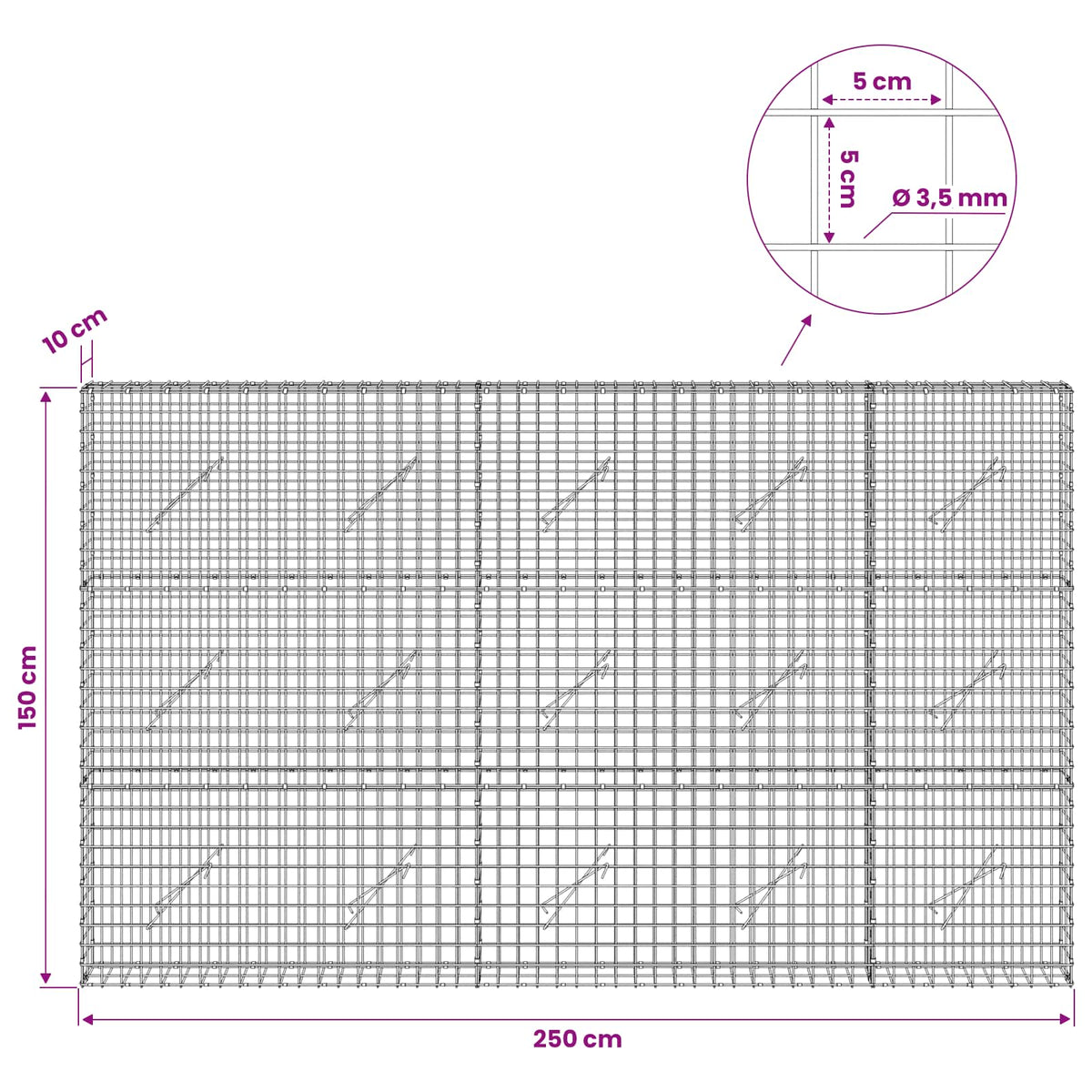 Gabion with 3.5 mm Wire and 5x5 cm Mesh 250x10x150 cm