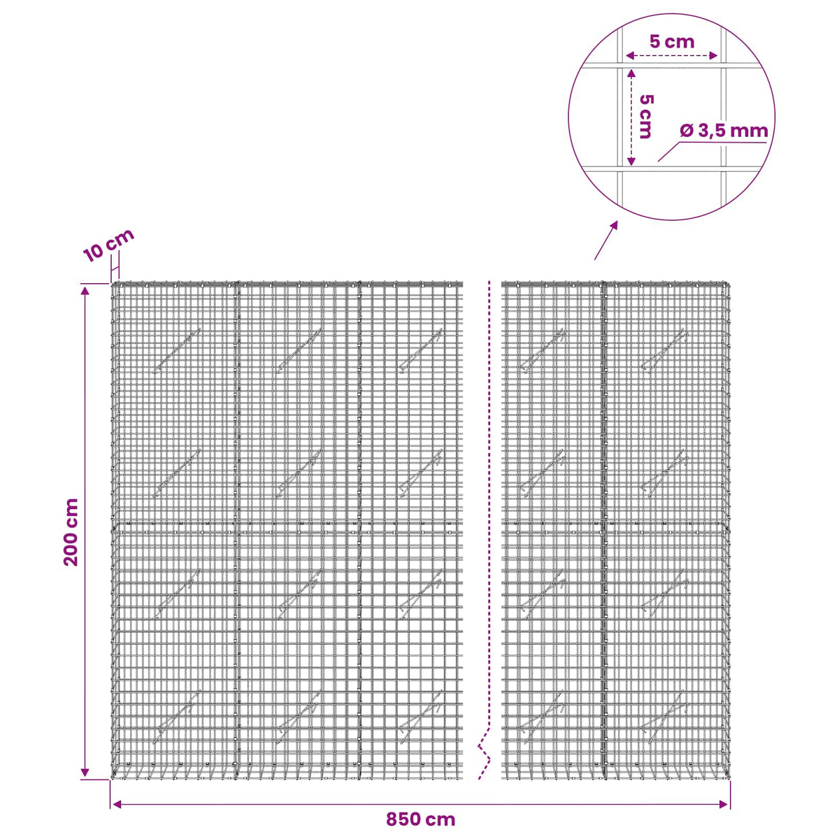 Gabion with 3.5 mm Wire and 5x5 cm Mesh 850x10x200 cm