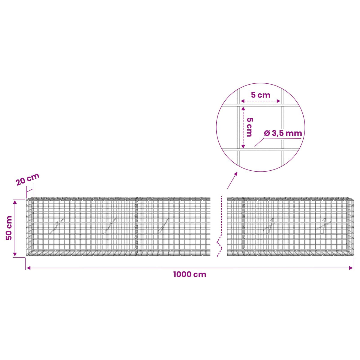Gabion with 3.5 mm Wire and 5x5 cm Mesh 1000x20x50 cm