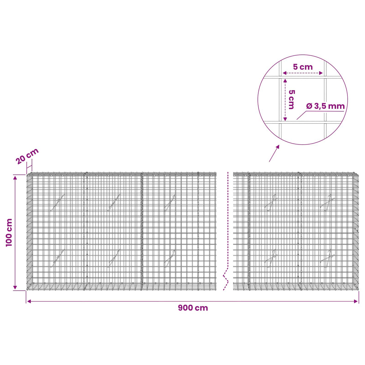 Gabion with 3.5 mm Wire and 5x5 cm Mesh 900x20x100 cm