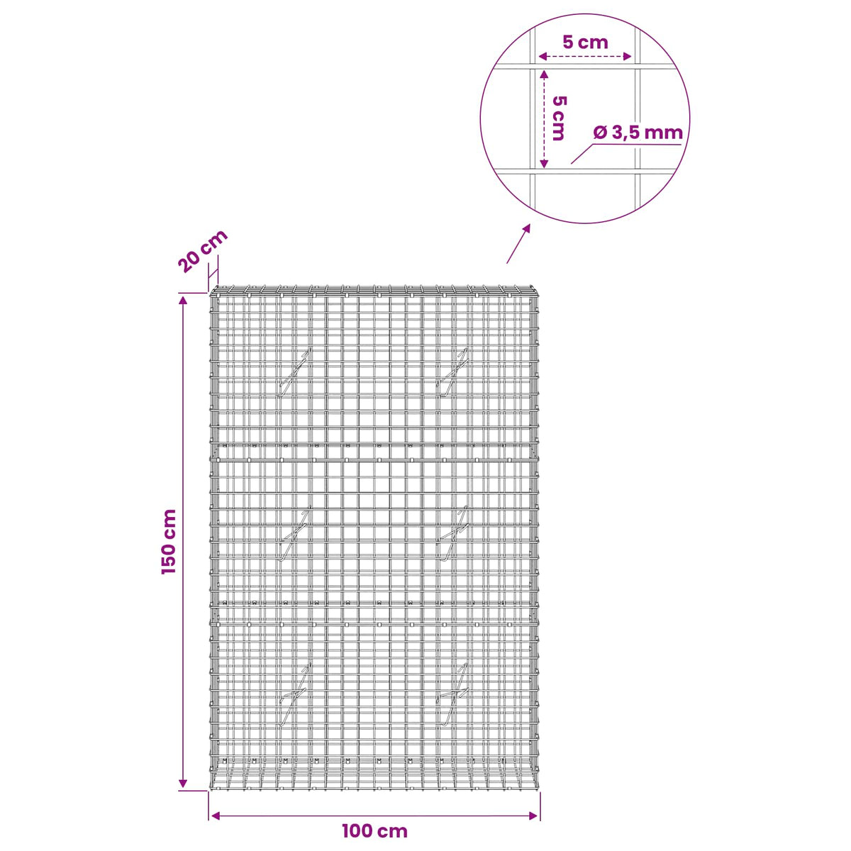 Gabion with 3.5 mm Wire and 5x5 cm Mesh 100x20x150 cm