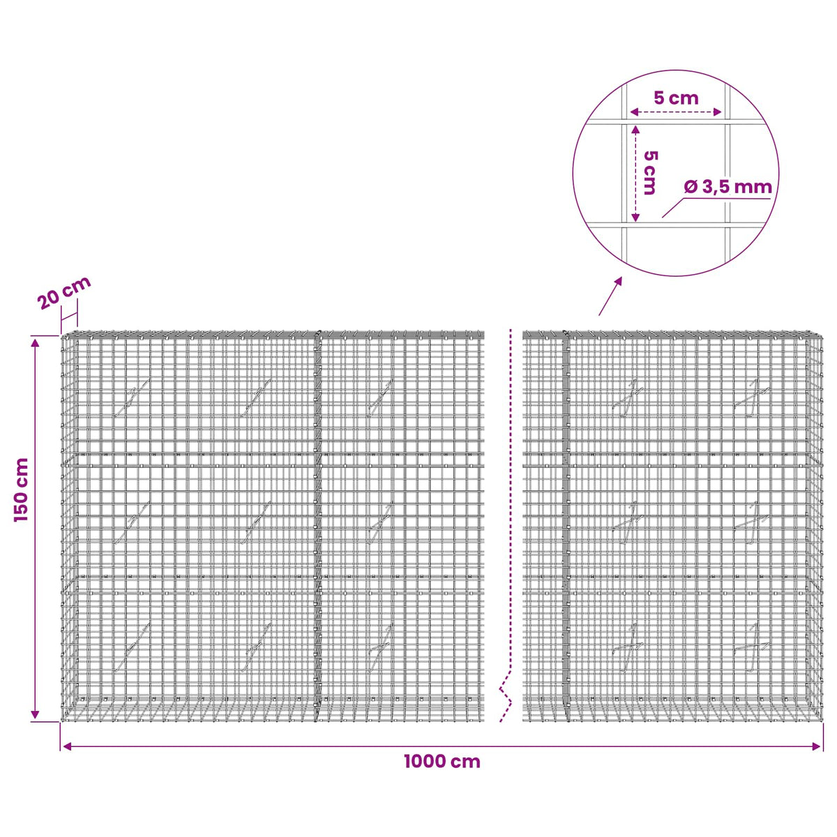 Gabion with 3.5 mm Wire and 5x5 cm Mesh 1000x20x150 cm