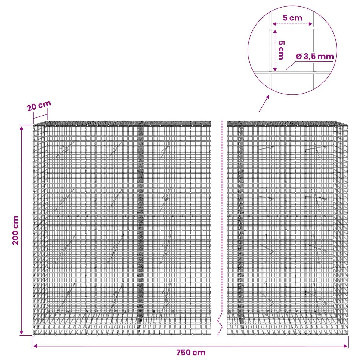Gabion with 3.5 mm Wire and 5x5 cm Mesh 750x20x200 cm