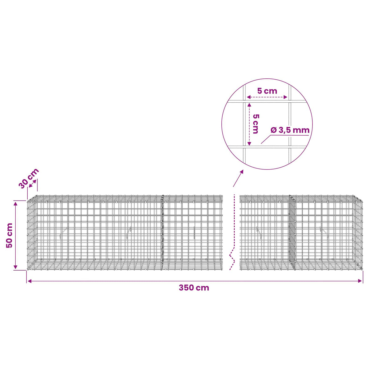 Gabion with 3.5 mm Wire and 5x5 cm Mesh 350x30x50 cm