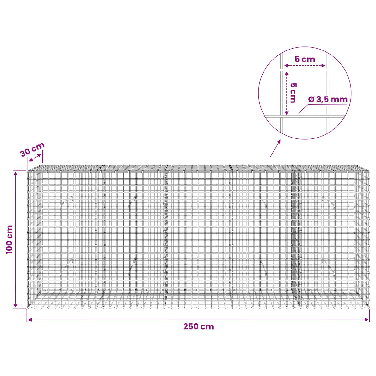 Gabion with 3.5 mm Wire and 5x5 cm Mesh 250x30x100 cm