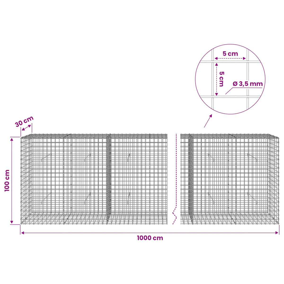 Gabion with 3.5 mm Wire and 5x5 cm Mesh 1000x30x100 cm