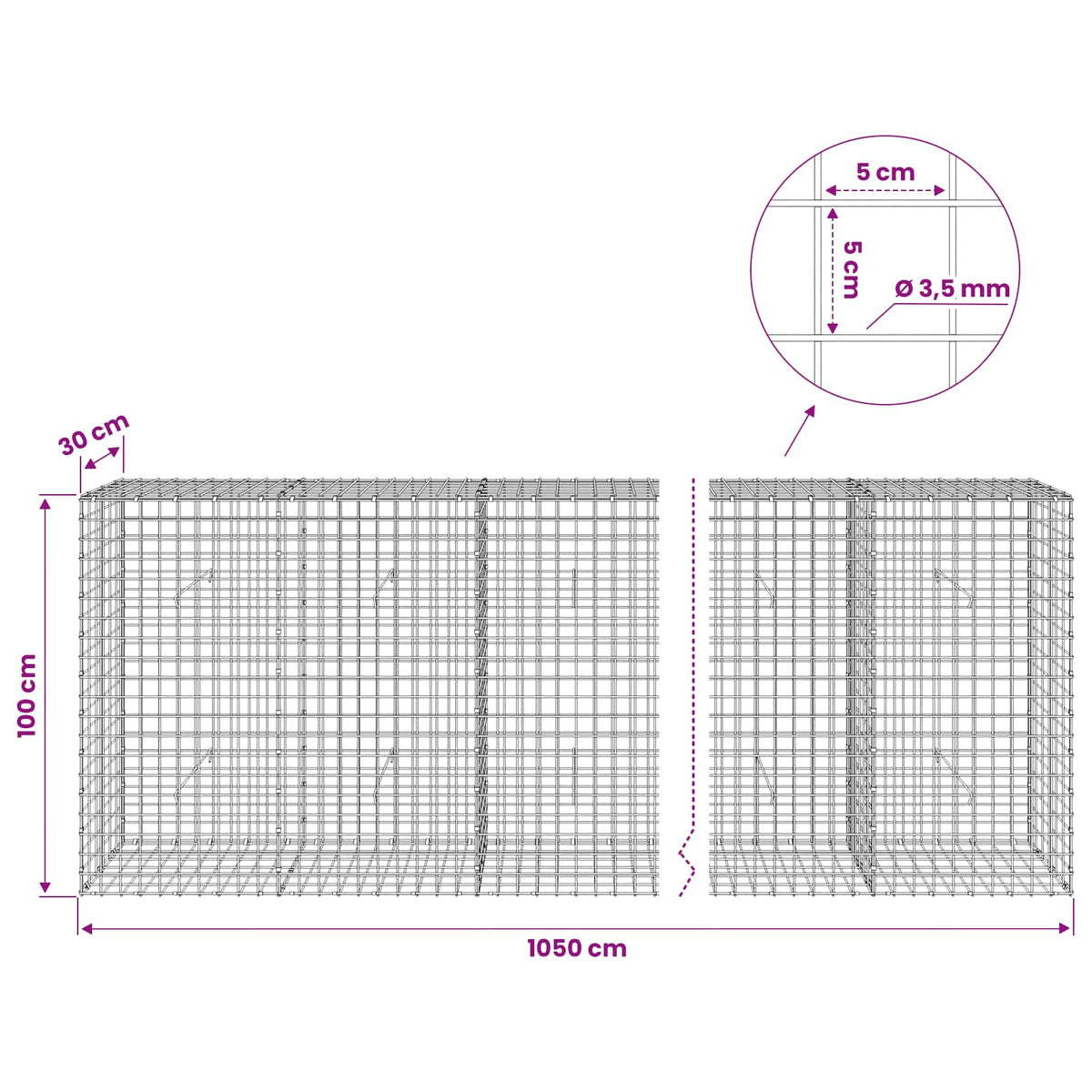 Gabion with 3.5 mm Wire and 5x5 cm Mesh 1050x30x100 cm