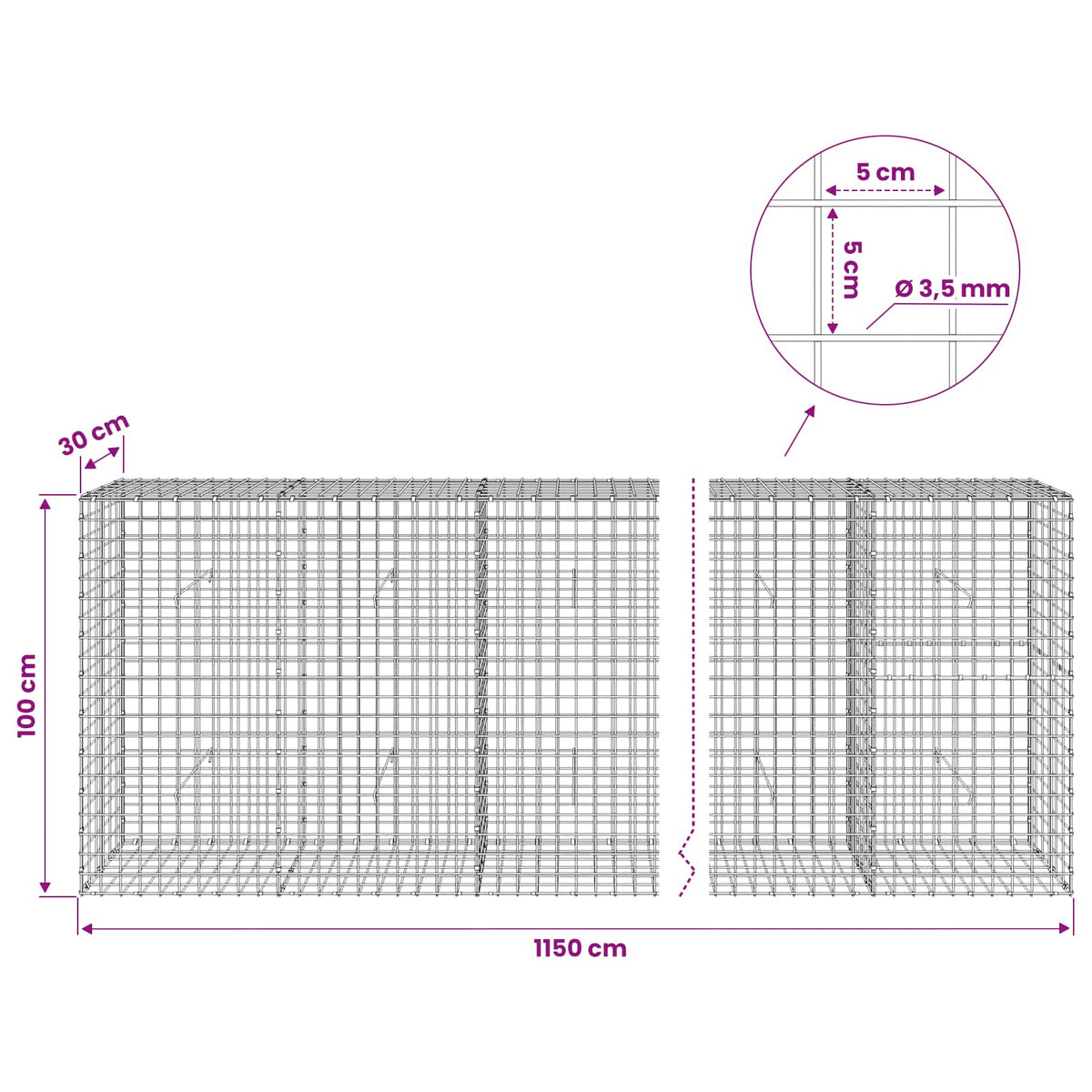 Gabion with 3.5 mm Wire and 5x5 cm Mesh 1150x30x100 cm