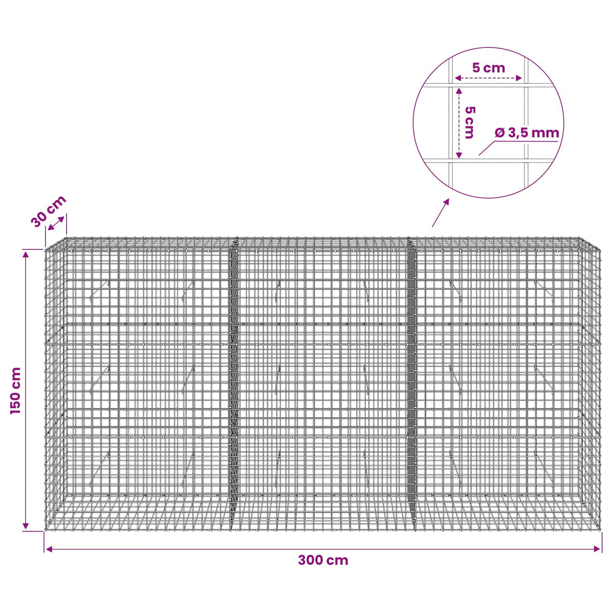 Gabion with 3.5 mm Wire and 5x5 cm Mesh 300x30x150 cm