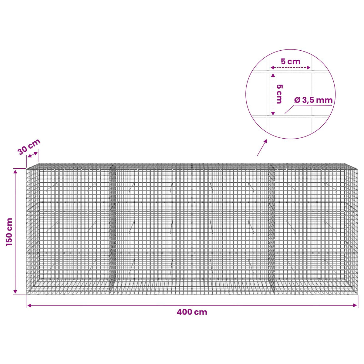 Gabion with 3.5 mm Wire and 5x5 cm Mesh 400x30x150 cm