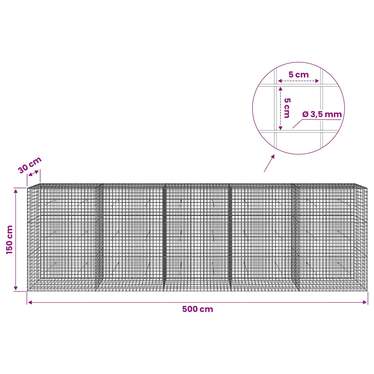 Gabion with 3.5 mm Wire and 5x5 cm Mesh 500x30x150 cm
