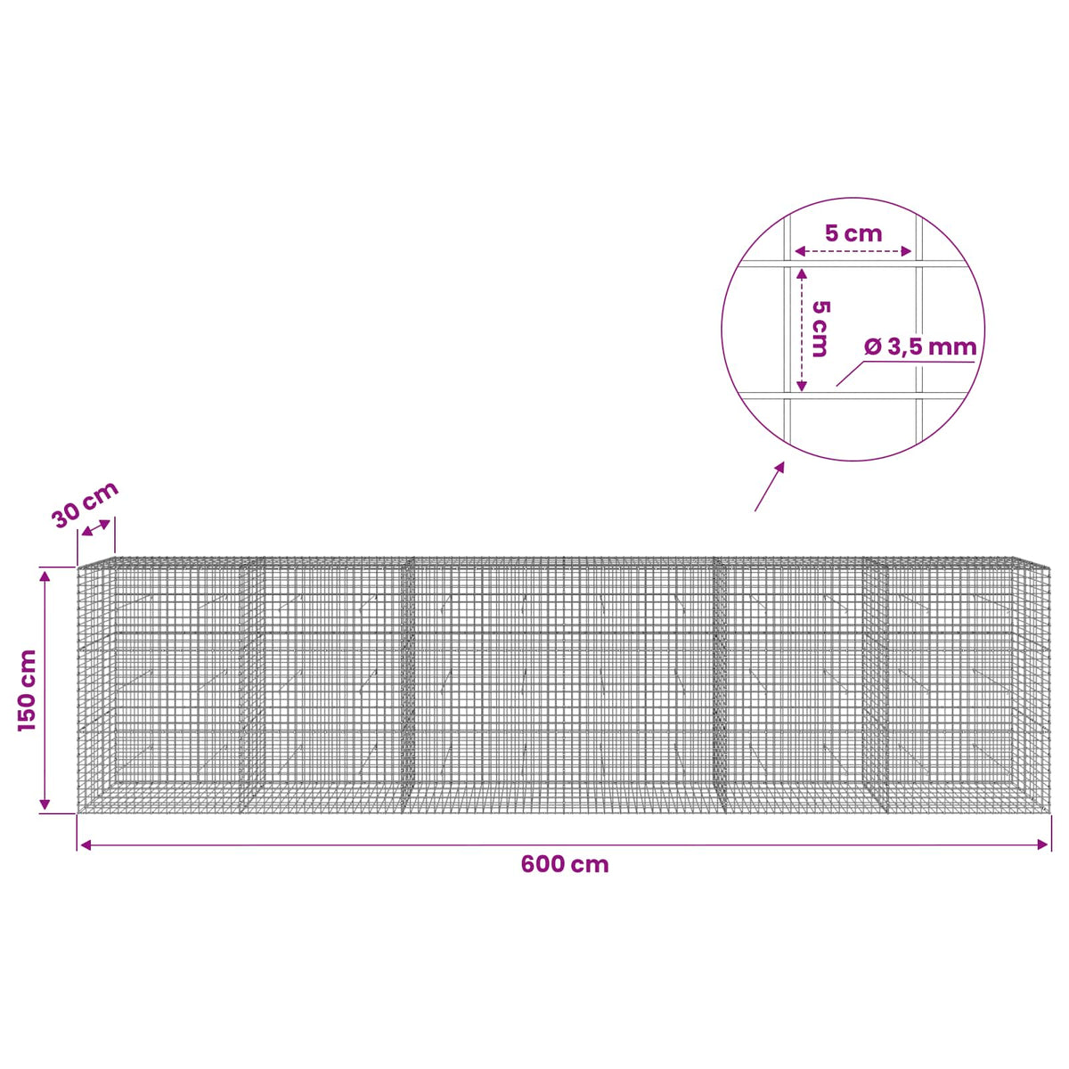 Gabion with 3.5 mm Wire and 5x5 cm Mesh 600x30x150 cm