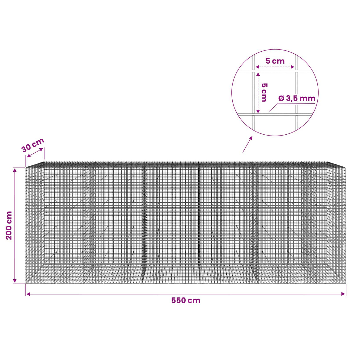 Gabion with 3.5 mm Wire and 5x5 cm Mesh 550x30x200 cm