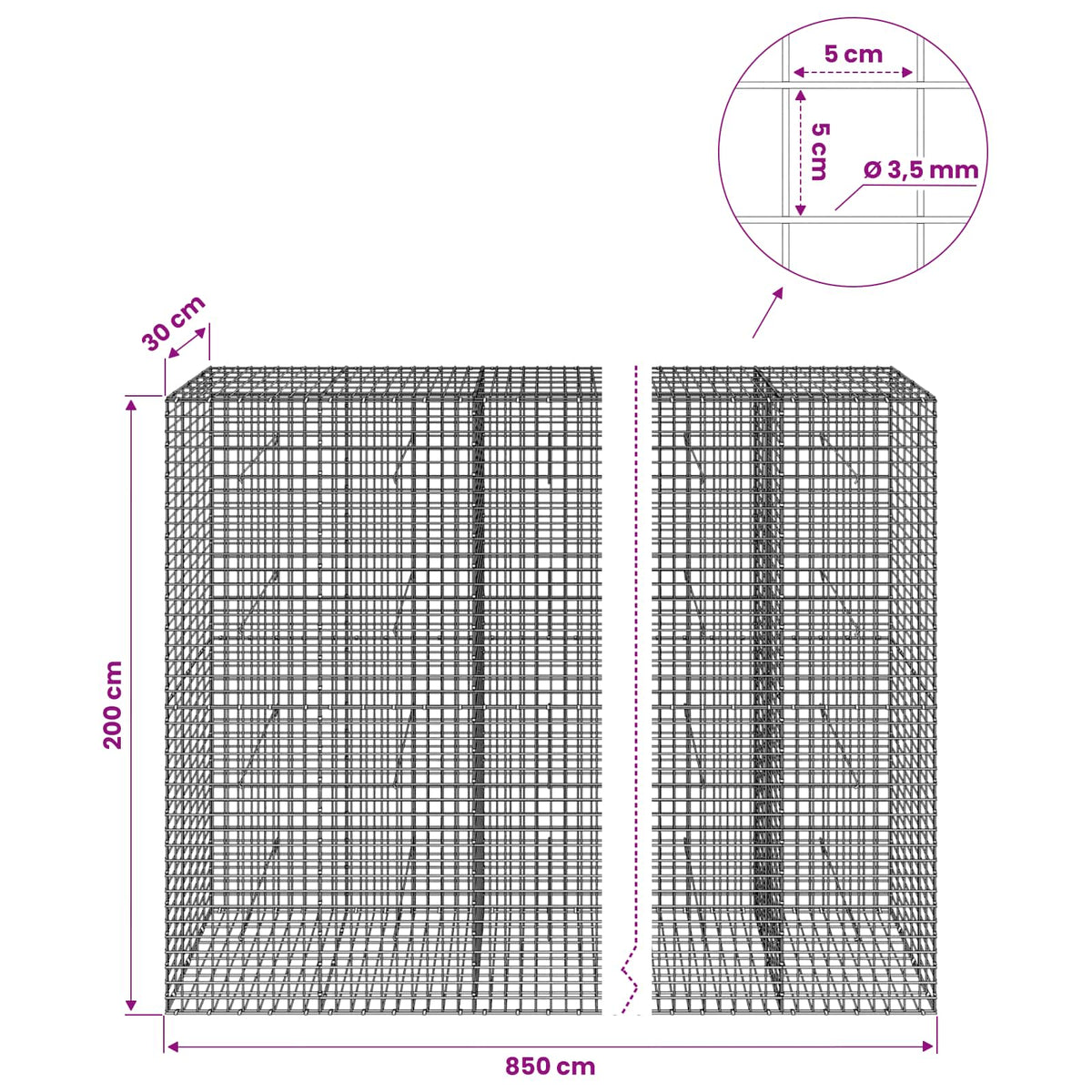 Gabion with 3.5 mm Wire and 5x5 cm Mesh 850x30x200 cm