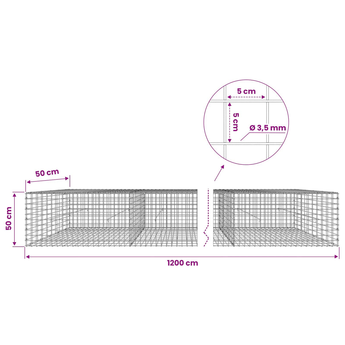 Gabion with 3.5 mm Wire and 5x5 cm Mesh 1200x50x50 cm