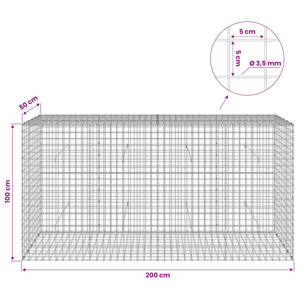 Gabion with 3.5 mm Wire and 5x5 cm Mesh 200x50x100 cm