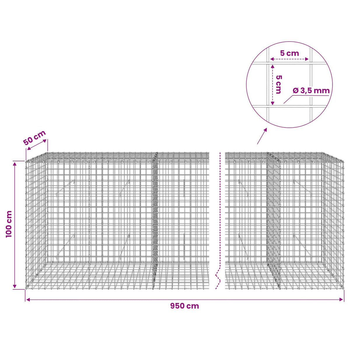 Gabion with 3.5 mm Wire and 5x5 cm Mesh 950x50x100 cm