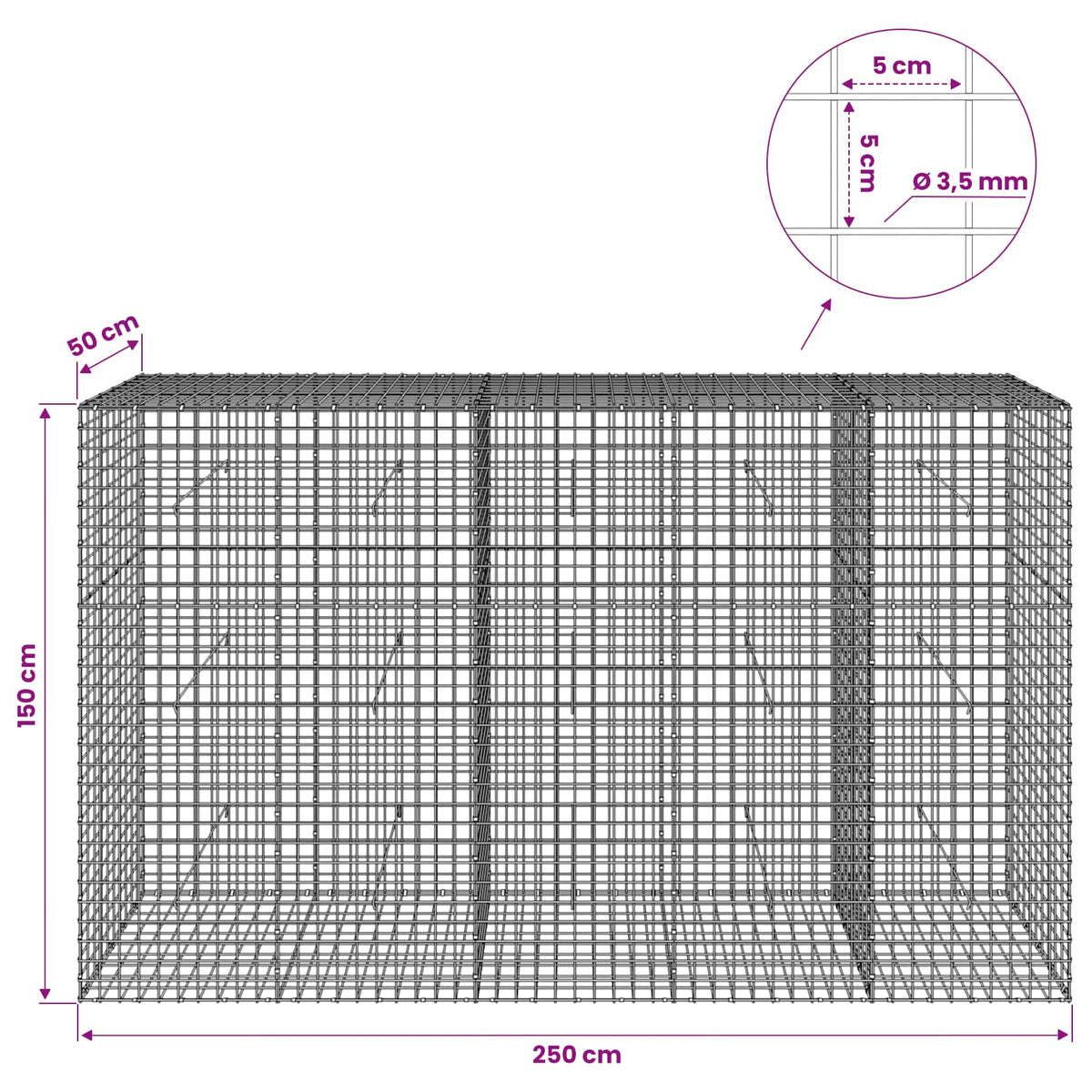 Gabion with 3.5 mm Wire and 5x5 cm Mesh 250x50x150 cm