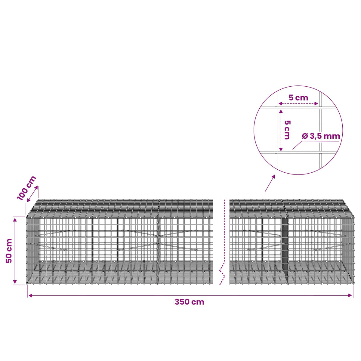 Gabion with 3.5 mm Wire and 5x5 cm Mesh 350x100x50 cm