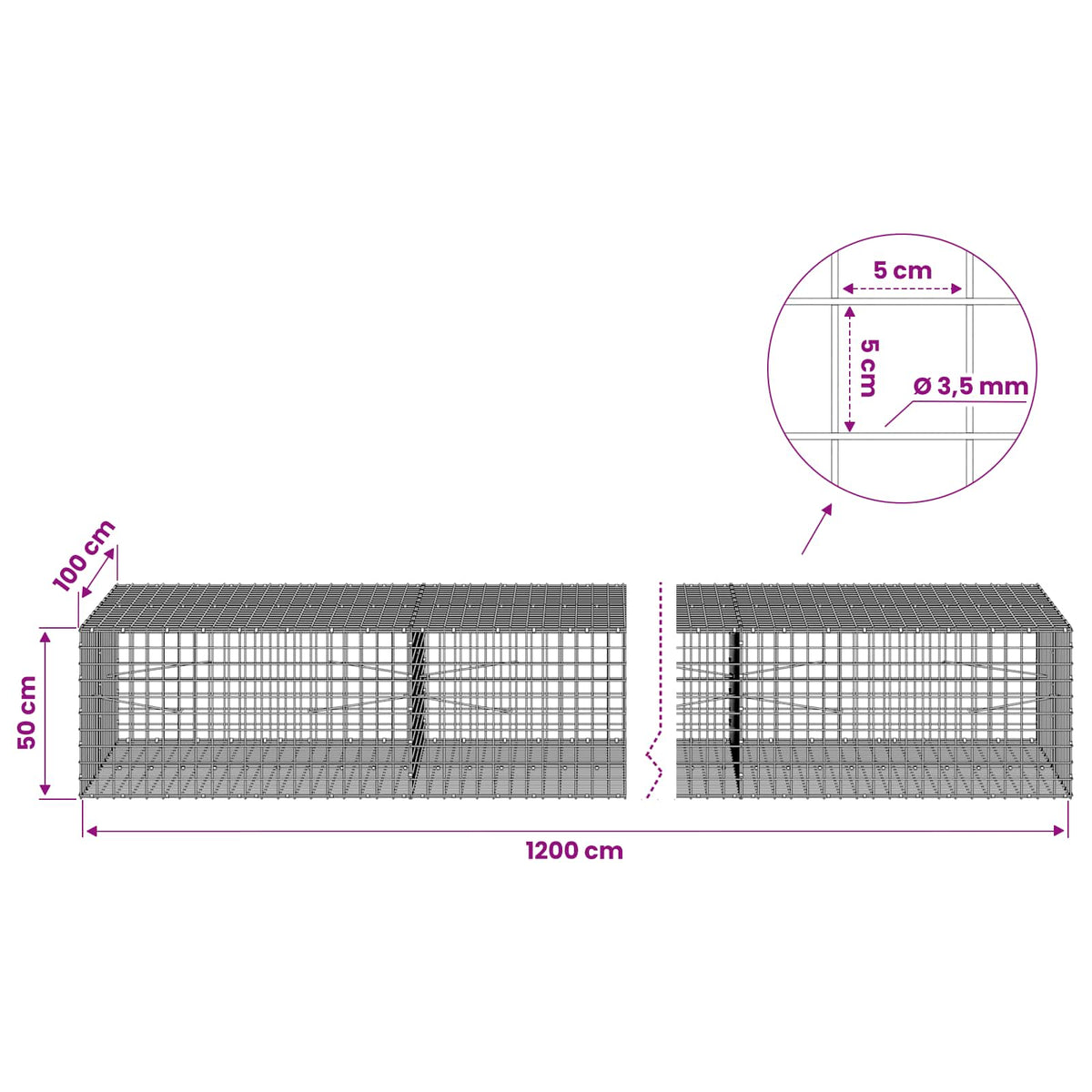 Gabion with 3.5 mm Wire and 5x5 cm Mesh 1200x100x50 cm