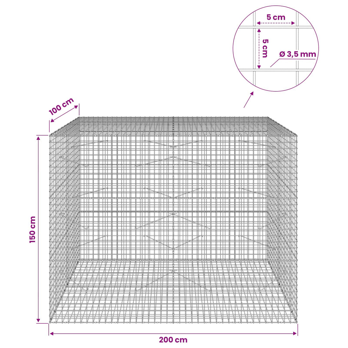 Gabion with 3.5 mm Wire and 5x5 cm Mesh 200x100x150 cm