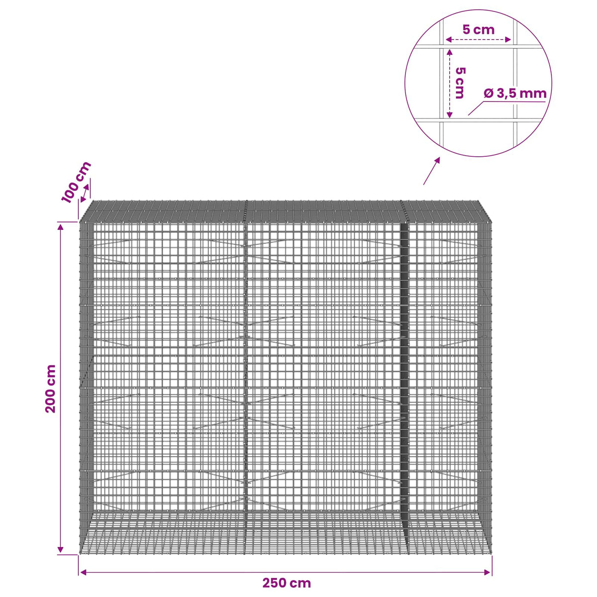 Gabion with 3.5 mm Wire and 5x5 cm Mesh 250x100x200 cm