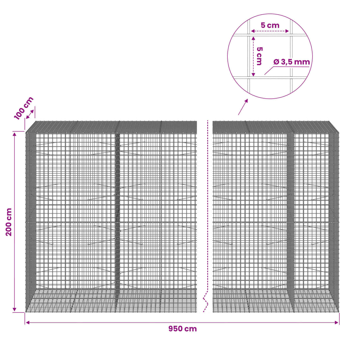 Gabion with 3.5 mm Wire and 5x5 cm Mesh 950x100x200 cm