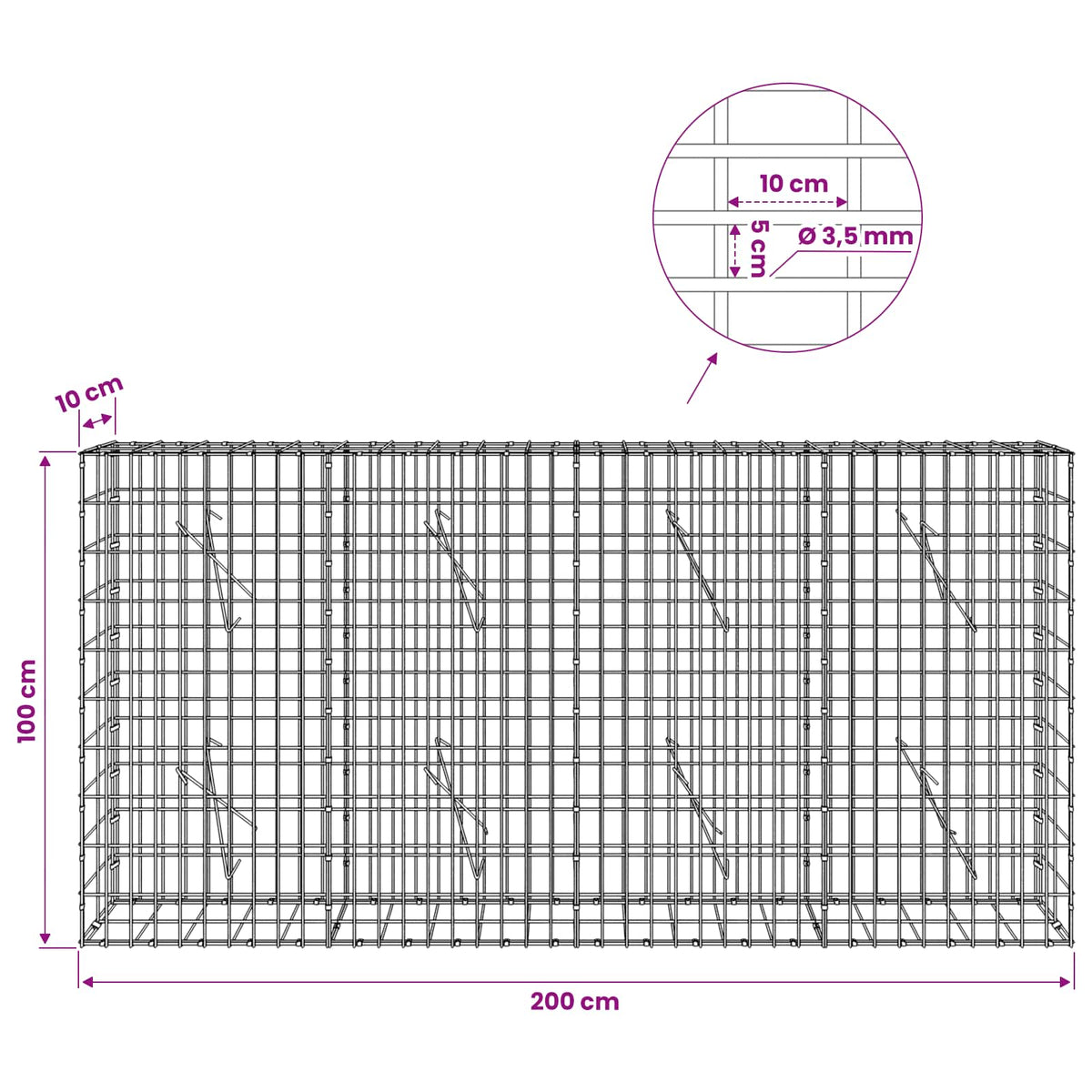 Gabion with 3.5 mm Wire and 5x10 cm Mesh 200x10x100 cm