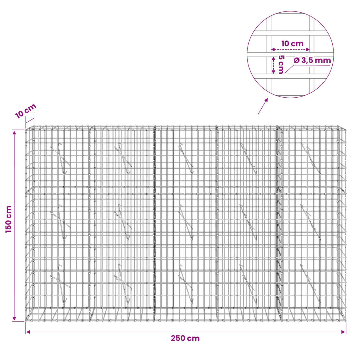 Gabion with 3.5 mm Wire and 5x10 cm Mesh 250x10x150 cm