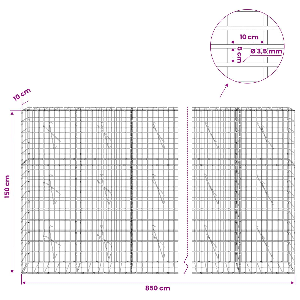 Gabion with 3.5 mm Wire and 5x10 cm Mesh 850x10x150 cm