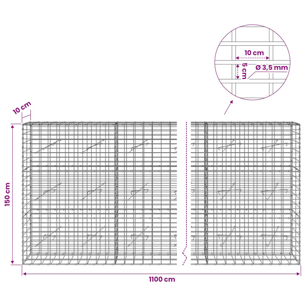 Gabion with 3.5 mm Wire and 5x10 cm Mesh 1100x10x150 cm
