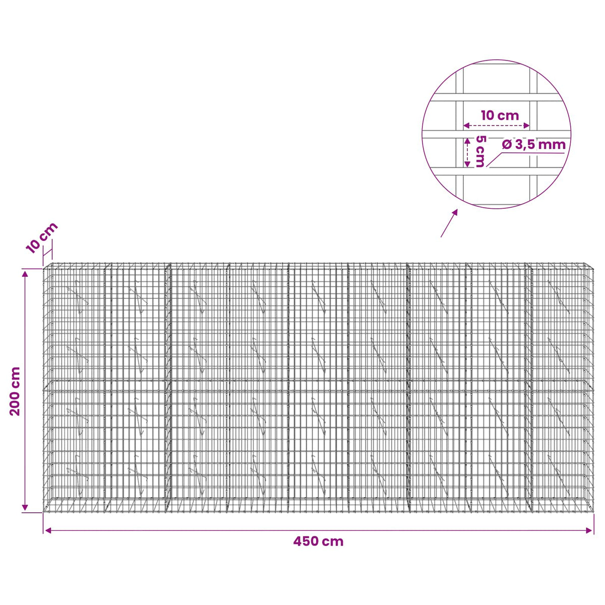 Gabion with 3.5 mm Wire and 5x10 cm Mesh 450x10x200 cm