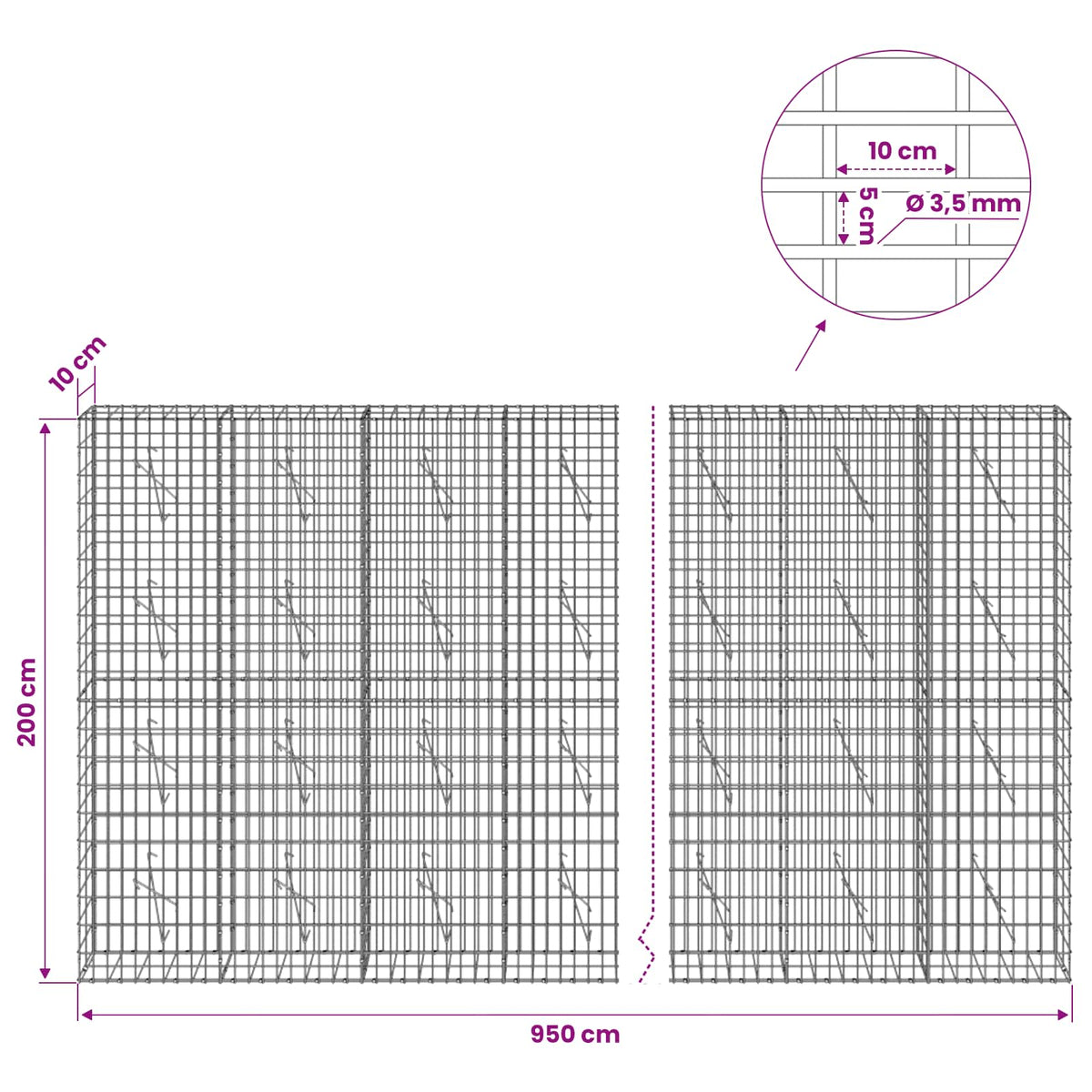 Gabion with 3.5 mm Wire and 5x10 cm Mesh 950x10x200 cm